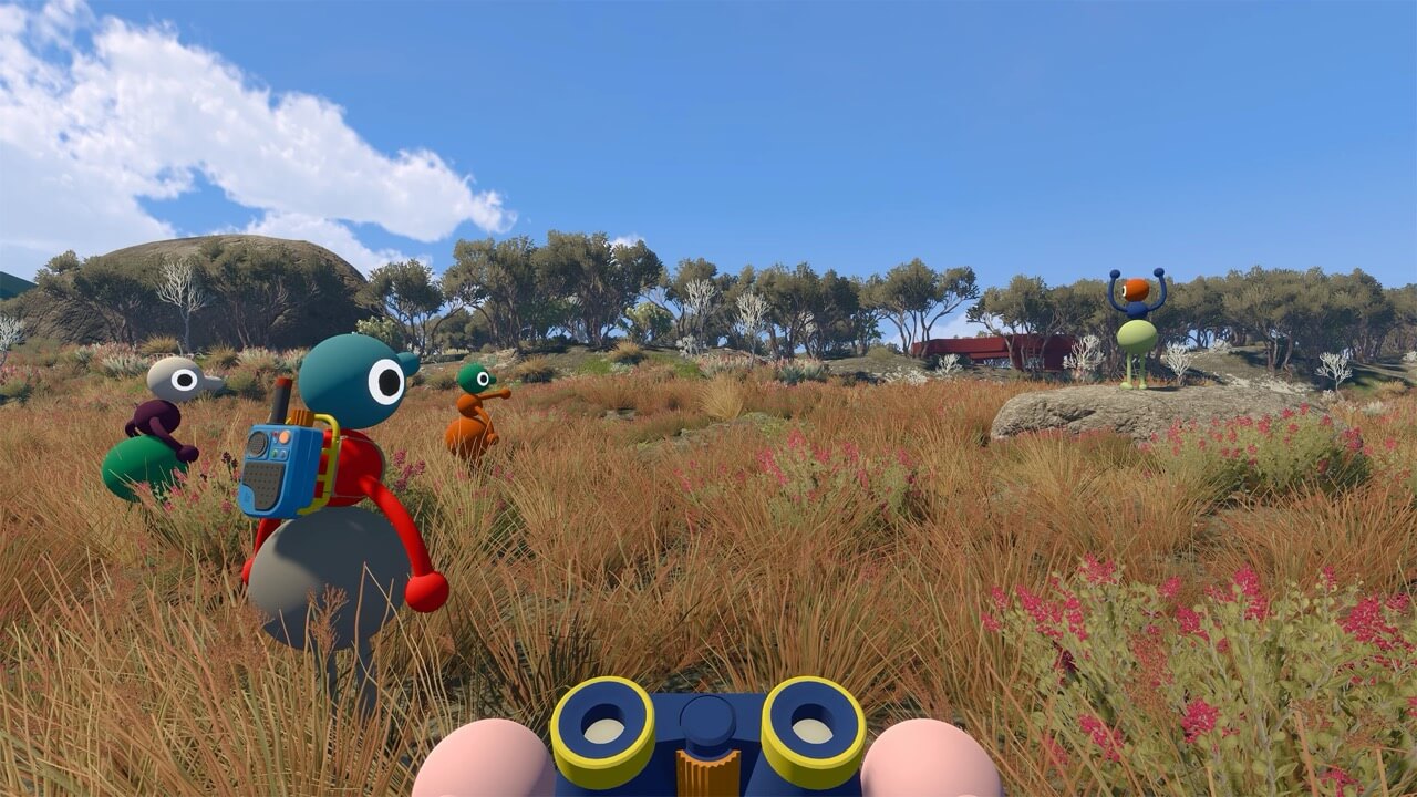 Big Walk players exploring a field with binoculars